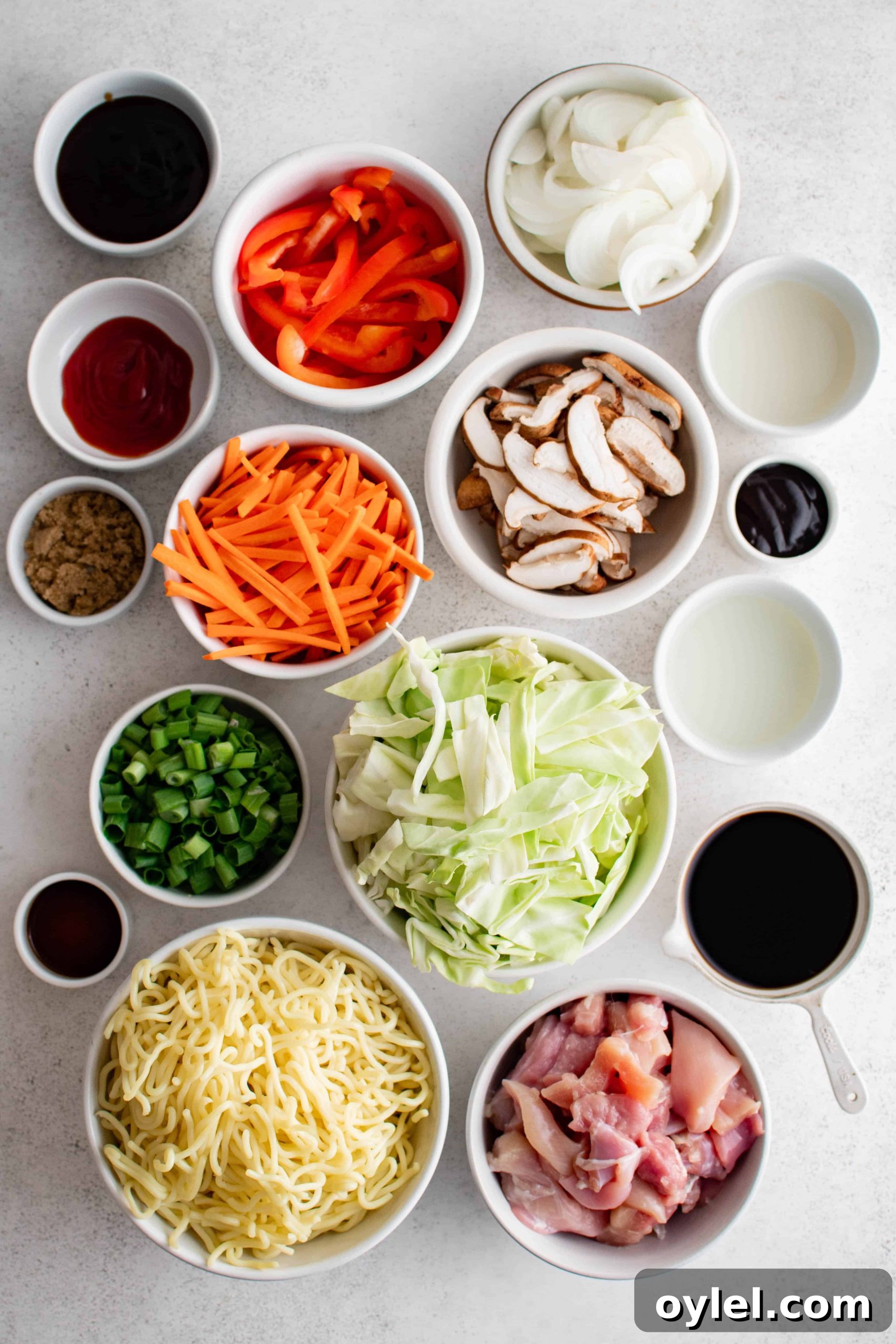 All of the ingredients needed to make yakisoba noodles measured and set aside in individual white bowls.