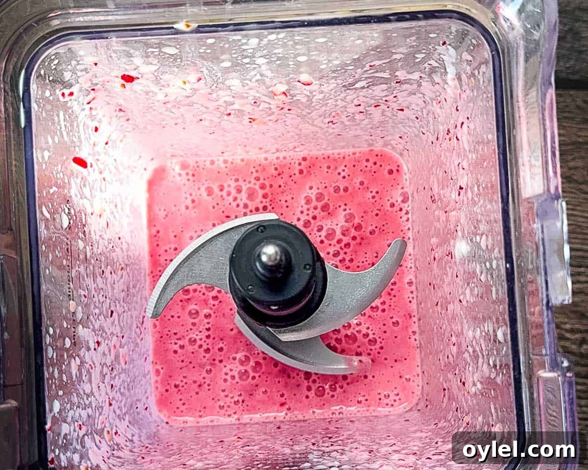 Cranberry Smoothie Recipe with Banana and Yogurt 5 The bright pink cranberry smoothie fully blended in the blender, with small berry specks visible on the sides.