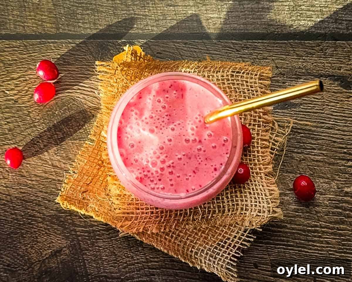 Cranberry Smoothie Recipe with Banana and Yogurt 6 A top-down view of a freshly blended cranberry smoothie in a glass with a gold straw, placed on burlap with whole cranberries scattered around.