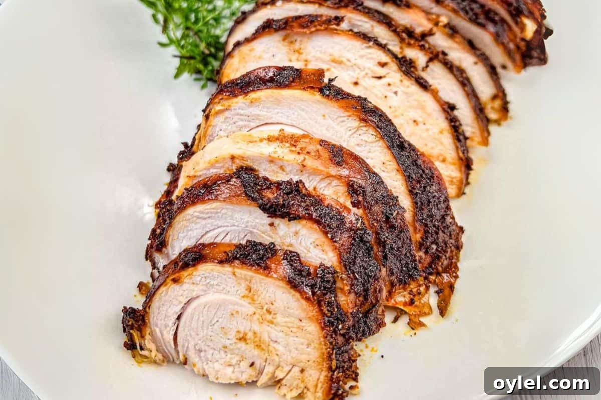Sliced roasted turkey breast arranged on a white plate.