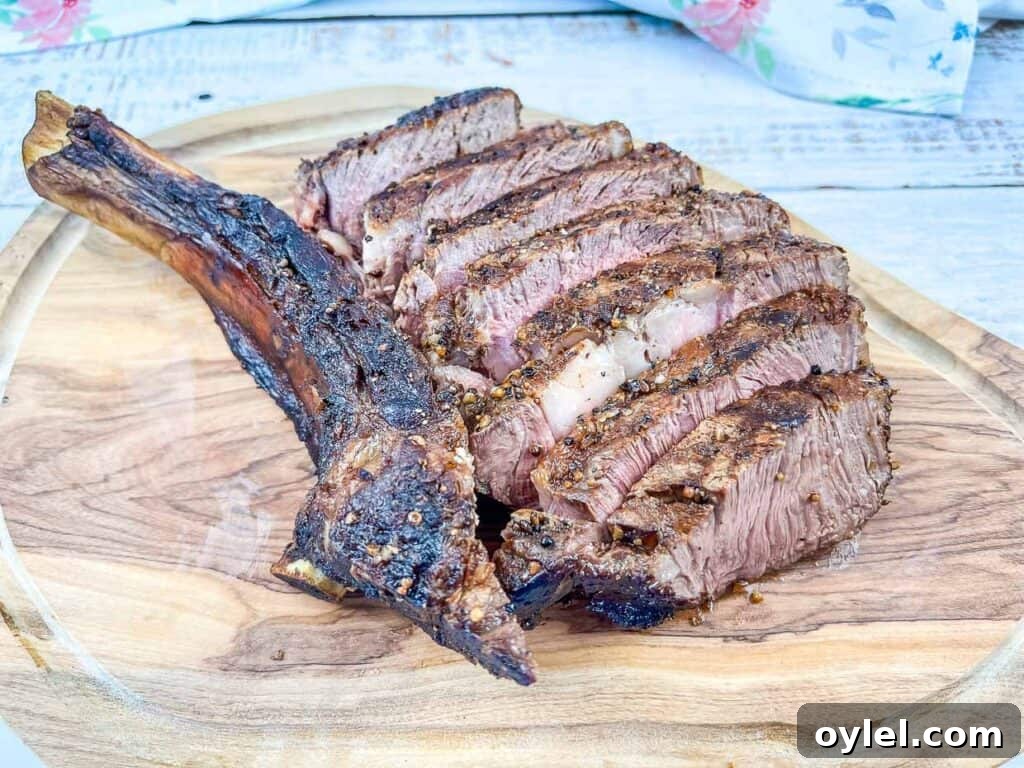 A sliced tomahawk steak on a white plate.