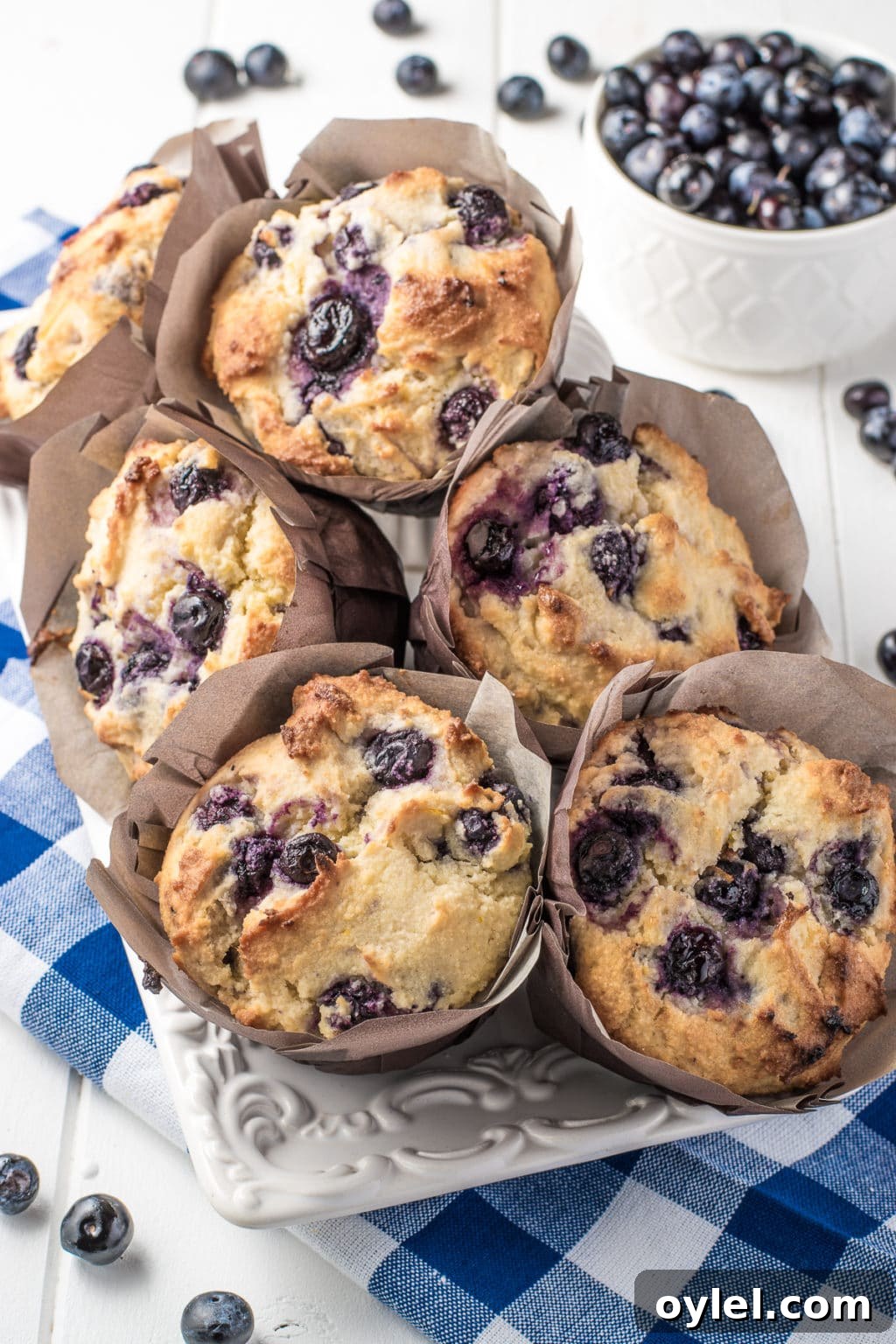 Keto blueberry muffins with a fluffy texture in brown muffin wrappers.