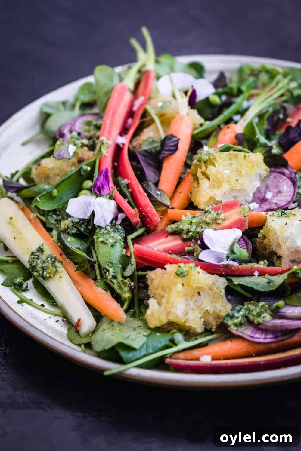 Spring Pea and Carrot Salad with Carrot Top Pesto 11 Side angle shot of the spring salad with carrot top pesto, snap peas and garlic croutons.