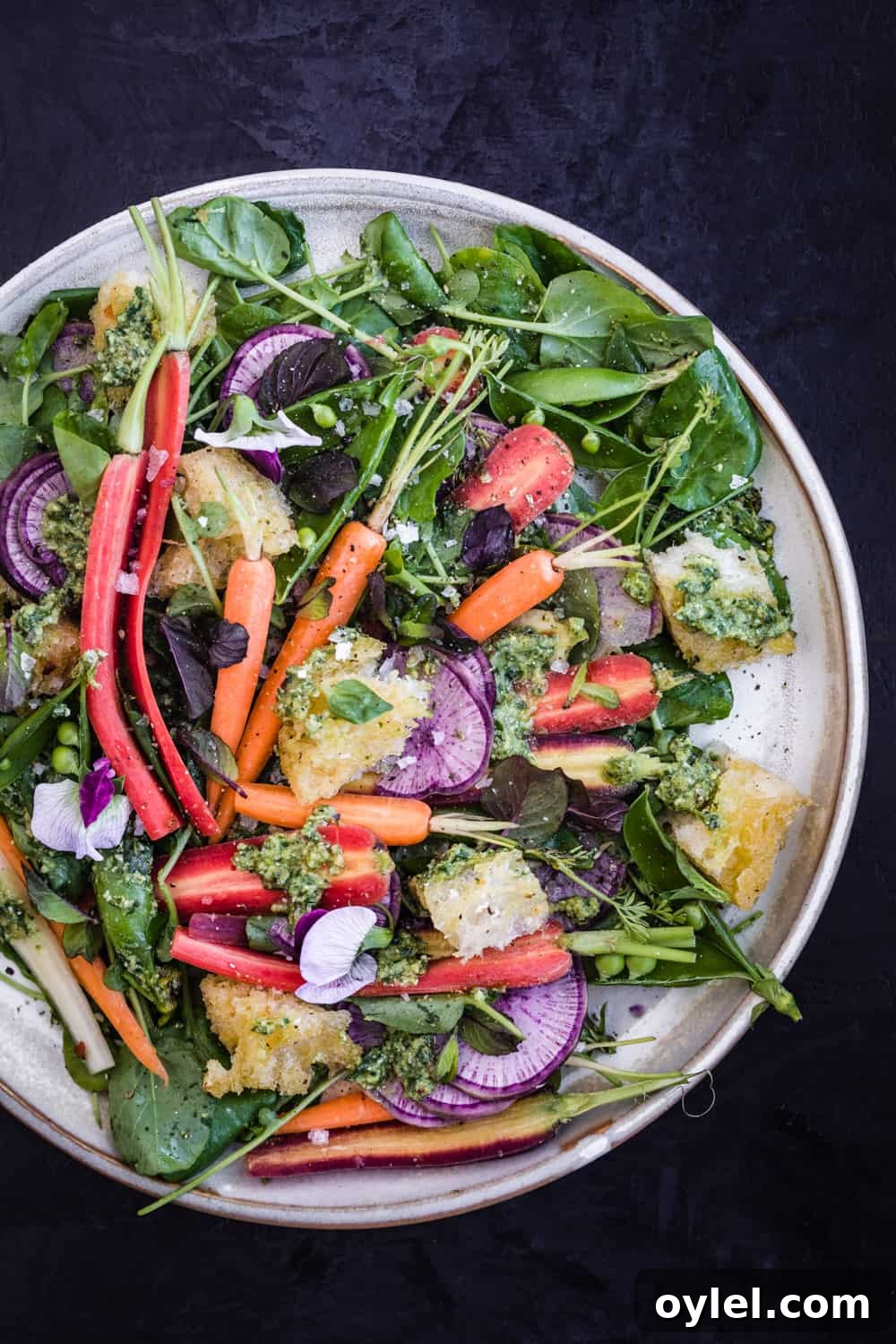 Spring Pea and Carrot Salad with Carrot Top Pesto 12 Spring salad with carrot top pesto, snap peas, garlic croutons, edible flowers and herbs on a white plate.