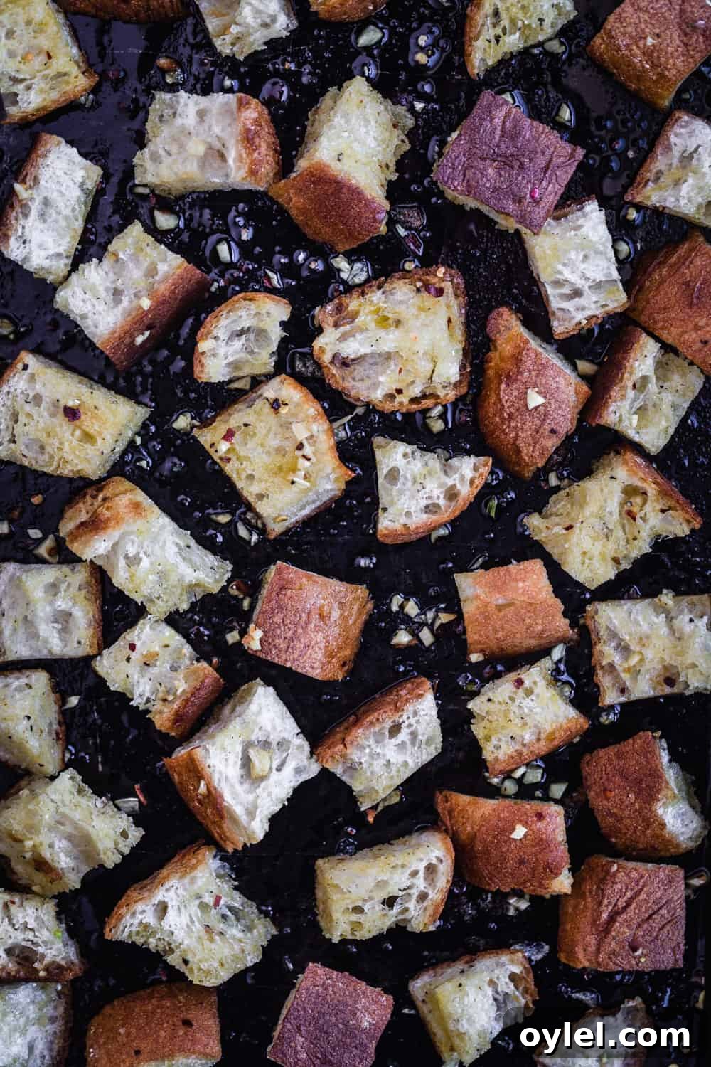 Croutons just out of oven, on baking sheet.