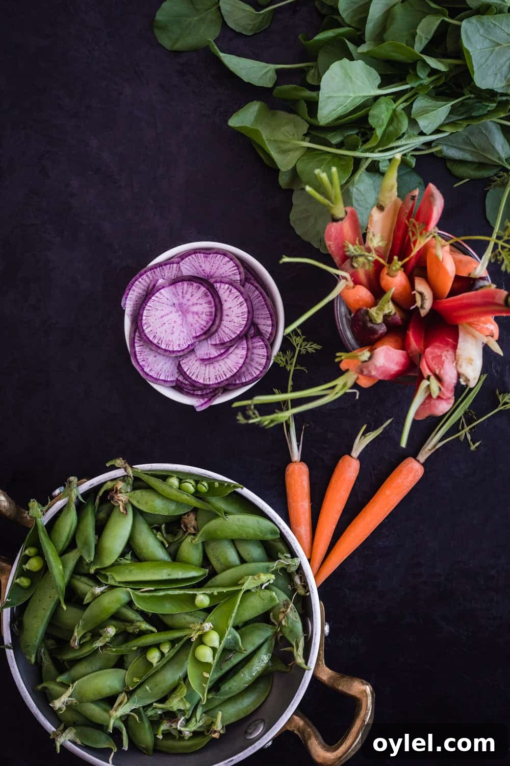 Ingredient shot of snap peas, radishes, carrots and watercress.