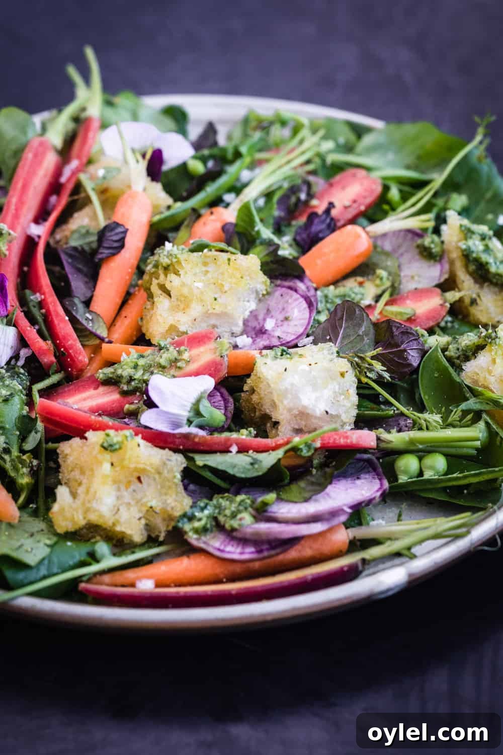 Side angle shot of the spring salad with carrot top pesto, snap peas and garlic croutons.