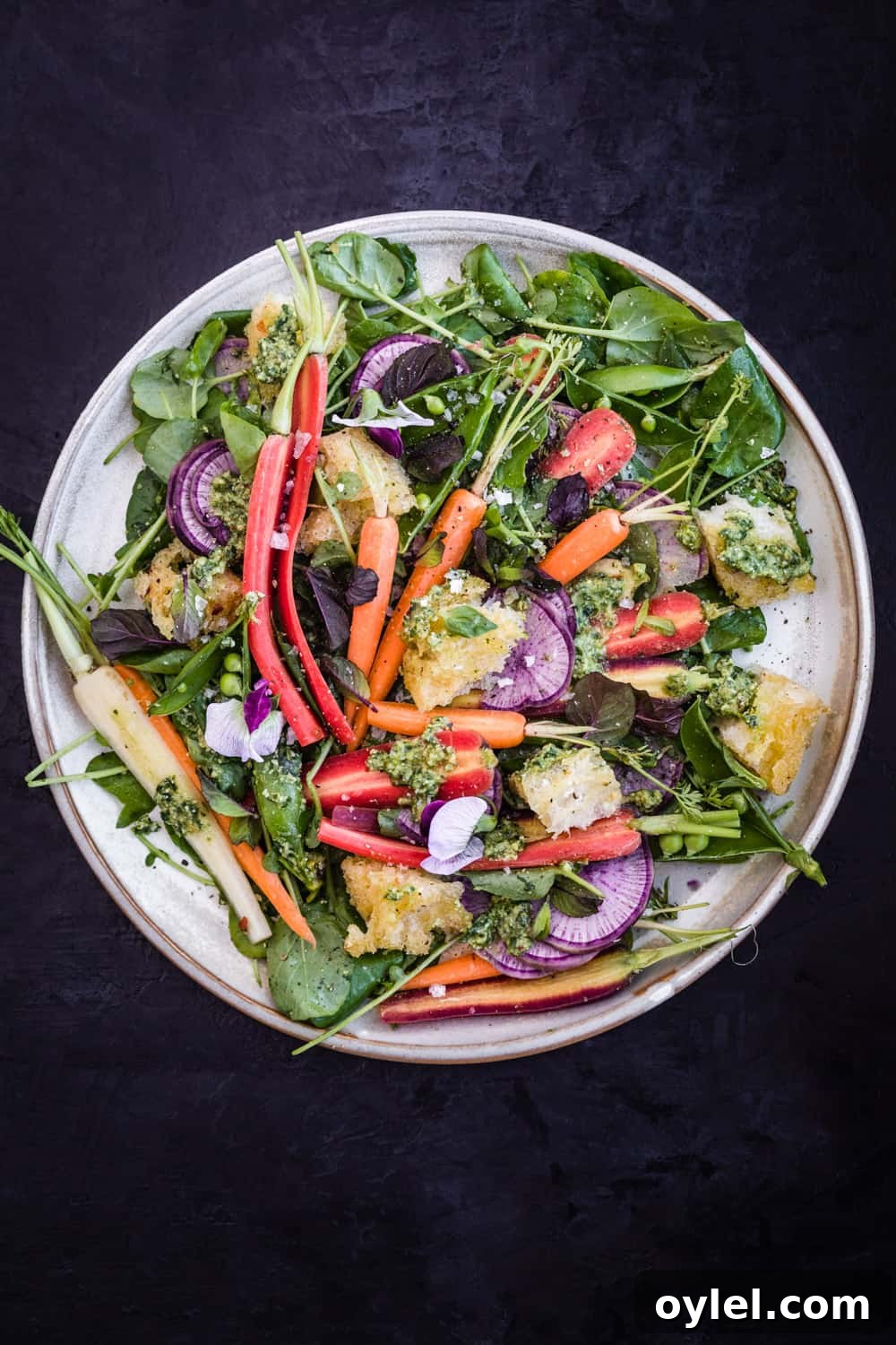 Spring Pea and Carrot Salad with Carrot Top Pesto 8 Spring Salad with Carrot Top Pesto, Snap Peas & Garlic Croutons all done!