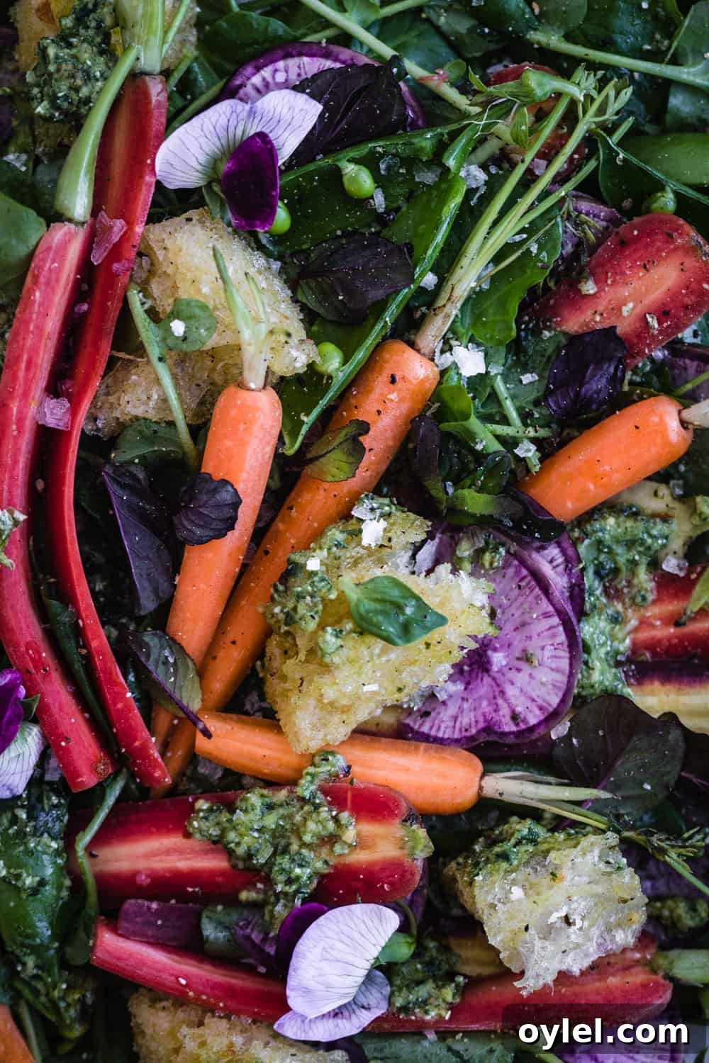 Spring Pea and Carrot Salad with Carrot Top Pesto 9 Up close shot of watercress with snap peas, carrot ribbons, radishes, croutons, mint, pesto, flaky sea salt and pepper.