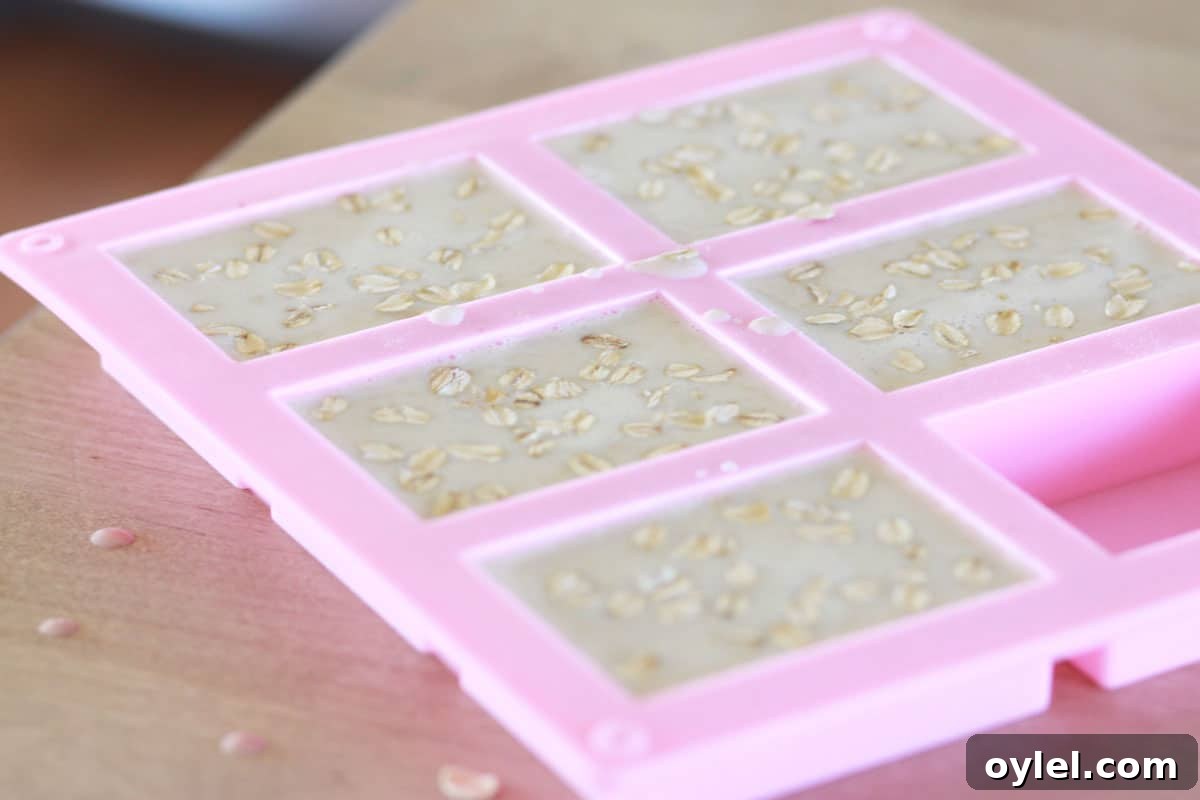 a silicone soap mold with melted soap mixture poured inside with oats on top