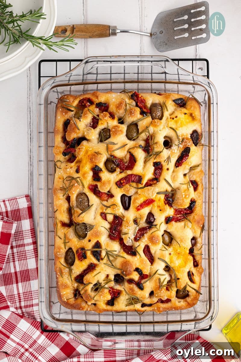 Sourdough Focaccia Recipe: Crispy Crust, Airy Interior 10 Baked bread in a glass baking pan.