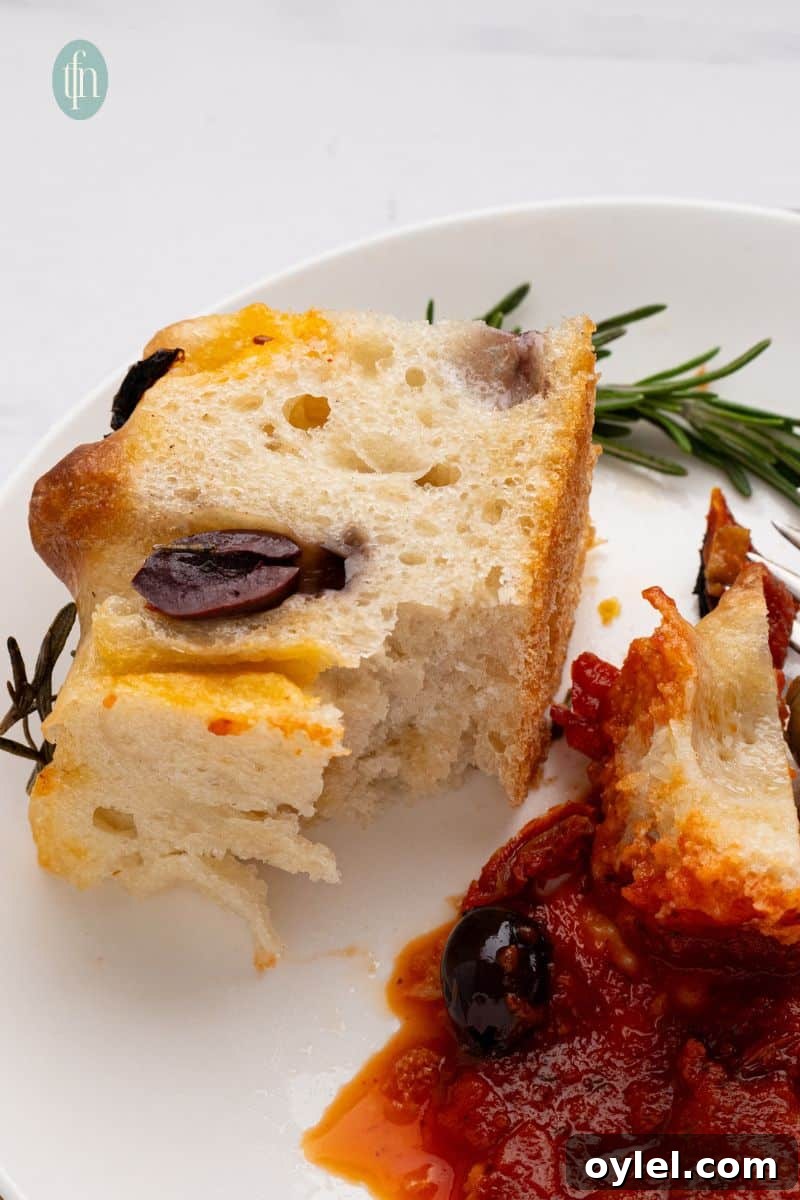 Sourdough Focaccia Recipe: Crispy Crust, Airy Interior 12 A slice of bread with sauce on a plate.