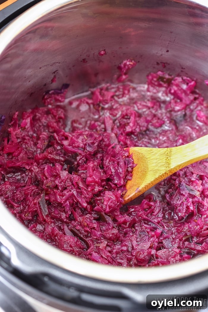 Tender Braised Red Cabbage in the Instant Pot 6 Juicy pressure cooker braised red cabbage in bowl with wooden spoon.