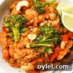 vegan rice casserole in a bowl with broccoli