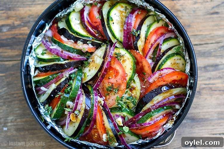 Black Instant Pot Pan containing Ratatouille with tomatoes, zucchini, eggplant, bell peppers, onion, garlic, thyme, basil and marjoram.