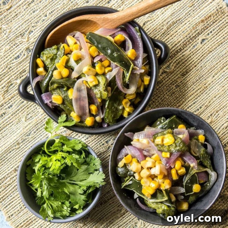 Rajas Con Crema in black bowls containing poblano peppers, onions, and corn finished with a little crème fraîche.