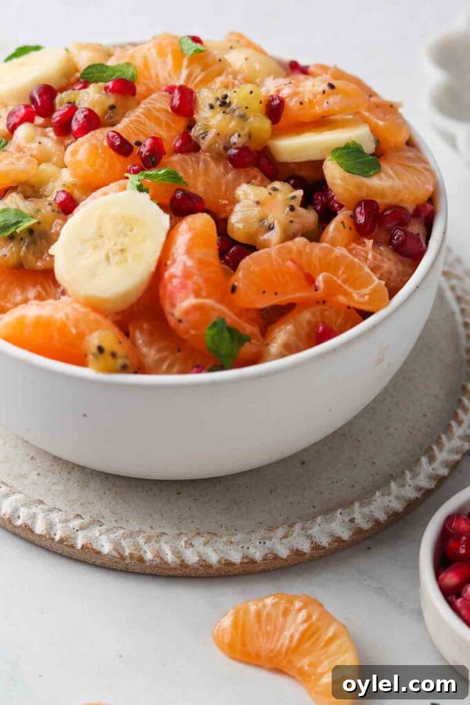 side shot of fruit salad in a bowl