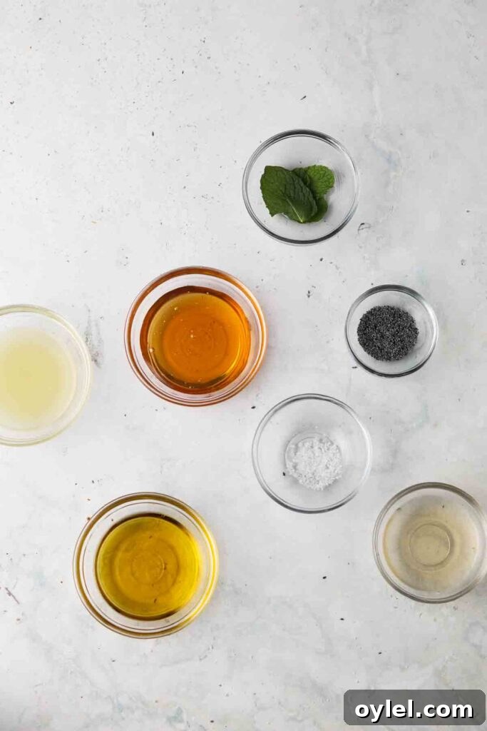 poppyseed lime dressing ingredients laid out in bowls
