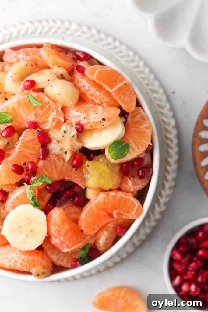 overhead shot of a fruit salad in a bowl