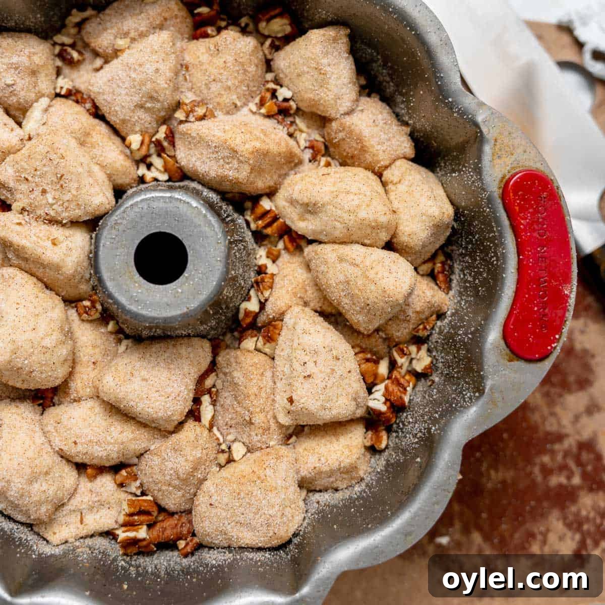 Cinnamon Pull Apart Monkey Bread with Biscuits 7 Raw biscuit dough pieces coated in cinnamon sugar and chopped pecans arranged in a bundt pan, ready to be baked.