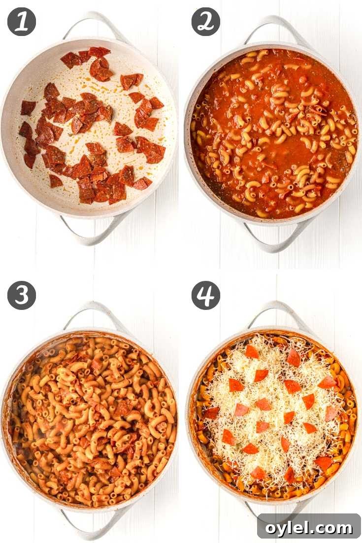 Step-by-step photo collage showing how to make pizza pasta.