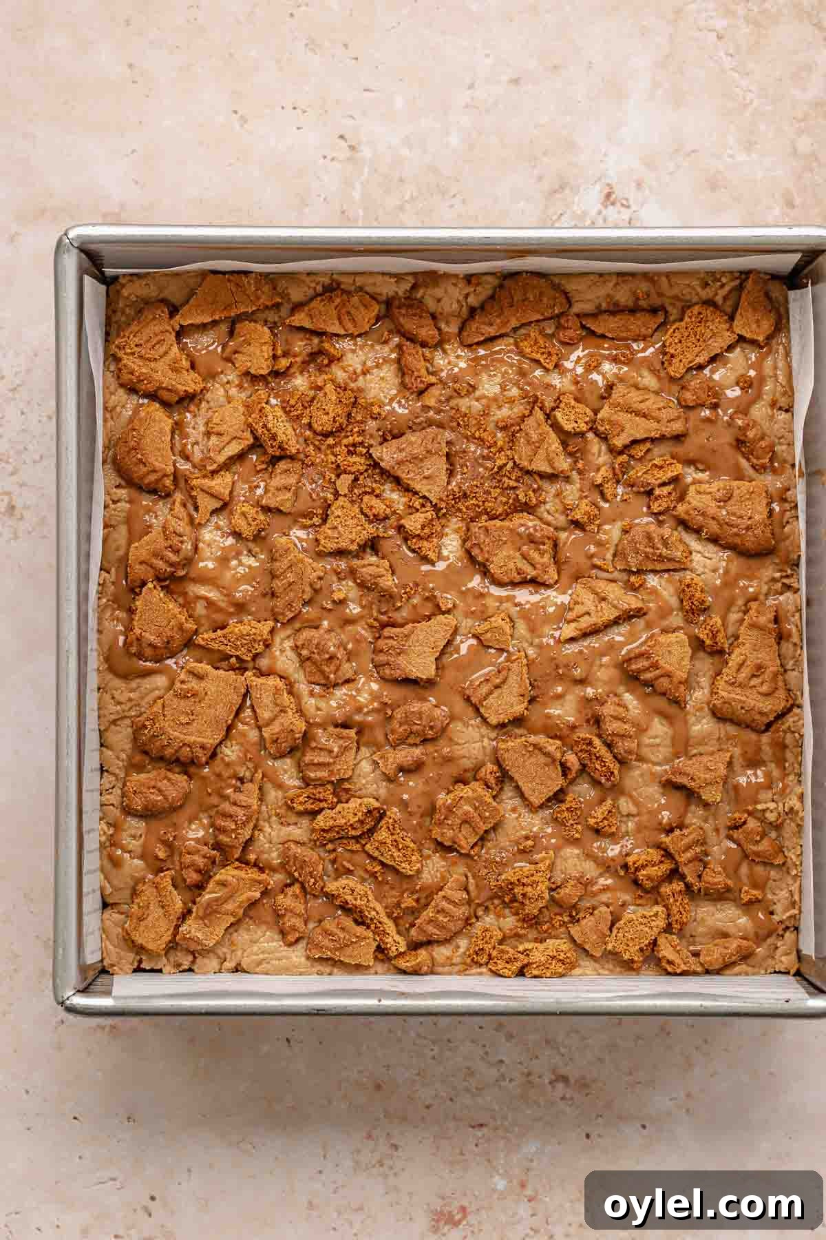Biscoff fudge in a pan with crushed cookies on top.
