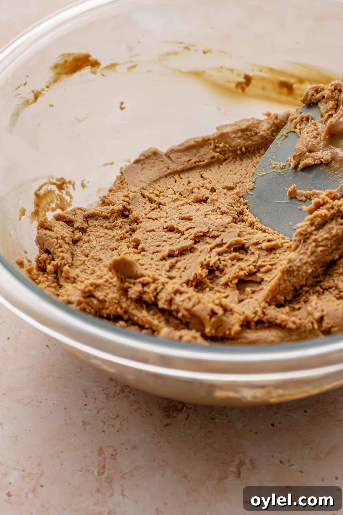 A spatula mixes cookie butter fudge in a bowl.